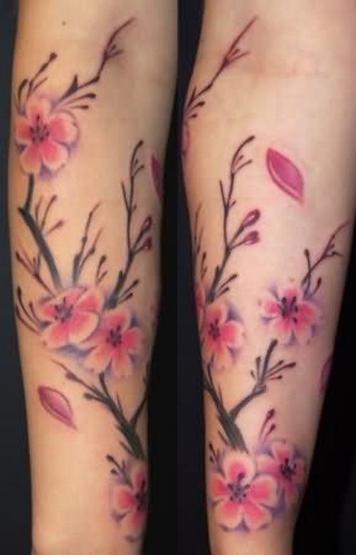 Japanese Pink Cherry Blosoom Tattoo On Legs